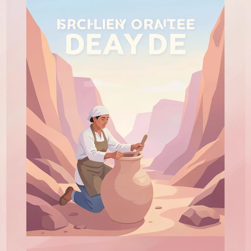 Poster illustration of a potter in a desert canyon, soft gradient fills, smooth vector finish, pastel palette.