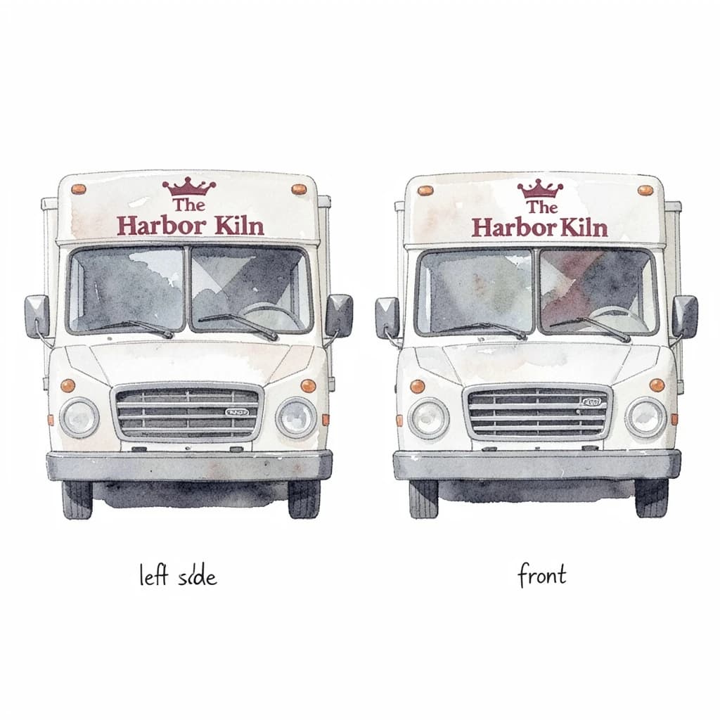 Watercolor of the same food truck drawn in two sides, captioned "left side" and "front", every side carrying the wordmark "The Harbor Kiln" with a simple crown outline beside it in the same maroon-and-gray coloring, only the side changing.