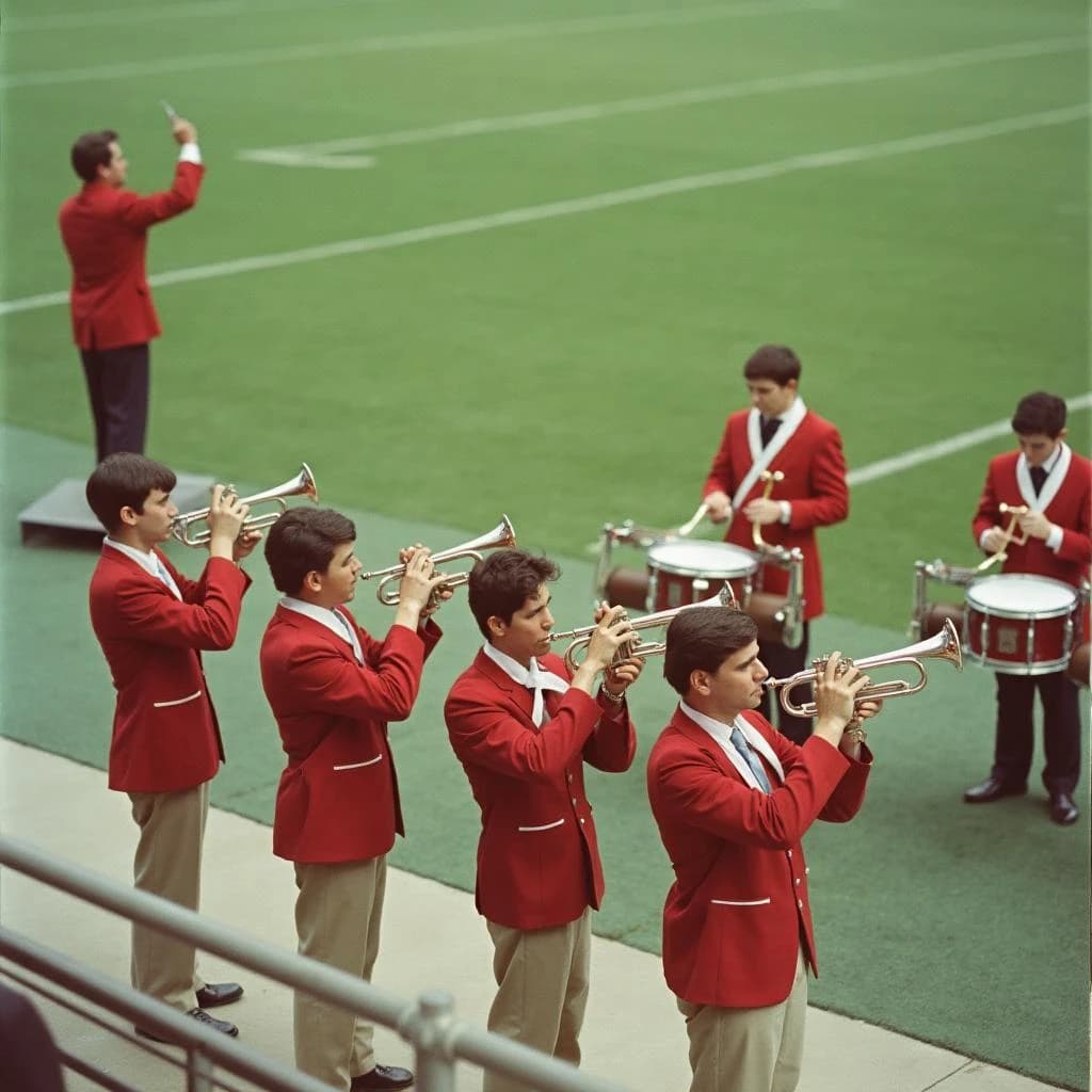 Nineteen seventies Kodachrome-era colour film look, faded warm grain and slight overexposure: a high school marching band seen from a stadium walkway. Front rank of five trumpet players in red and white uniforms, all with horns raised. Behind them three sousaphones in a triangle, the middle player caught mid turn. A line of four drummers to the right, the snare drummer nearest the camera mid stroke. A single drum major stands on a podium at the far left with his back to us, arms up. Empty green field behind them.