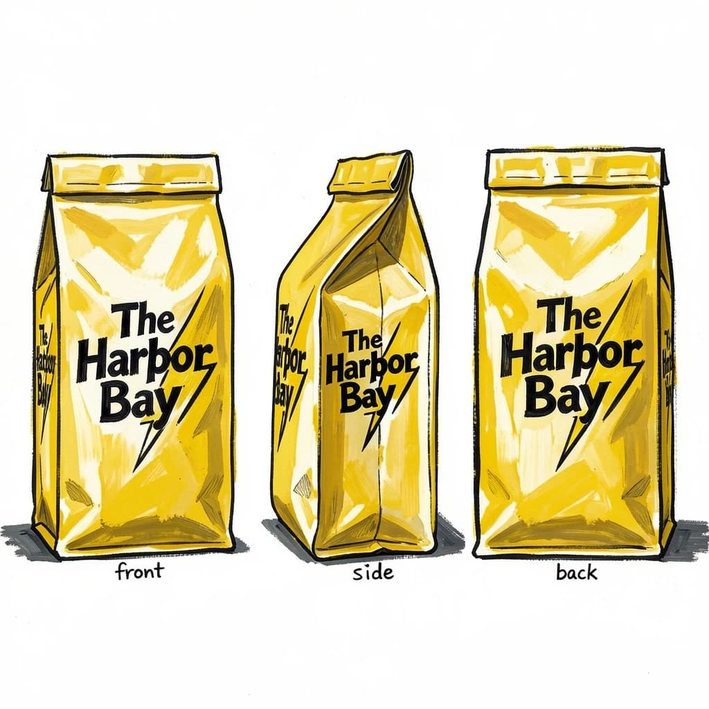Gouache painting of the same coffee bag drawn in three views, captioned "front", "side" and "back", every view carrying the wordmark "The Harbor Bay" with a lightning-bolt symbol beside it in the same black-and-yellow coloring, only the angle changing.