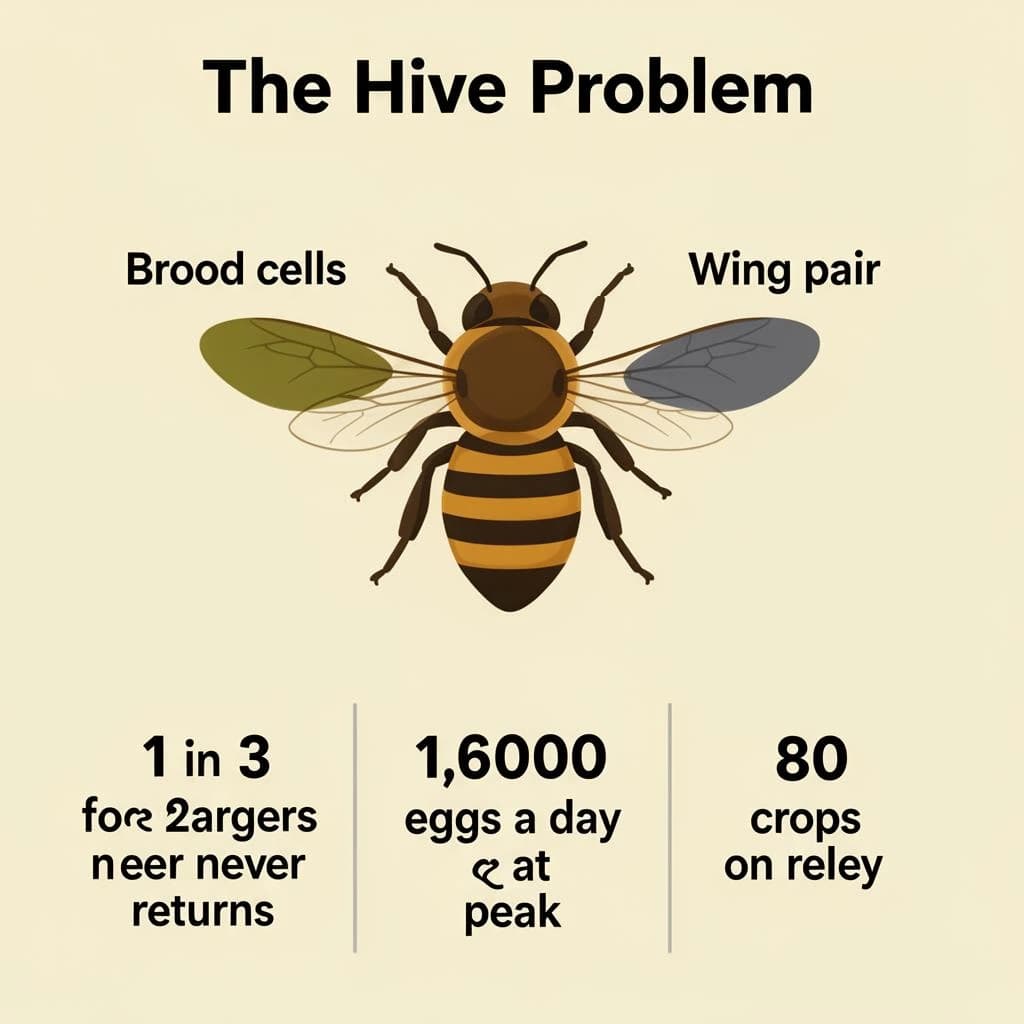 Flat vector illustration titled "The Hive Problem". A labeled bee diagram sits at the center, carrying two keyed regions, "Brood cells" shaded olive and "Wing pair" shaded slate. Three stat chips run down a bottom row, reading "1 in 32 foragers never returns", "1,600 eggs a day at peak" and "80 crops rely on bees". Each key color matches the shading of the region it names.