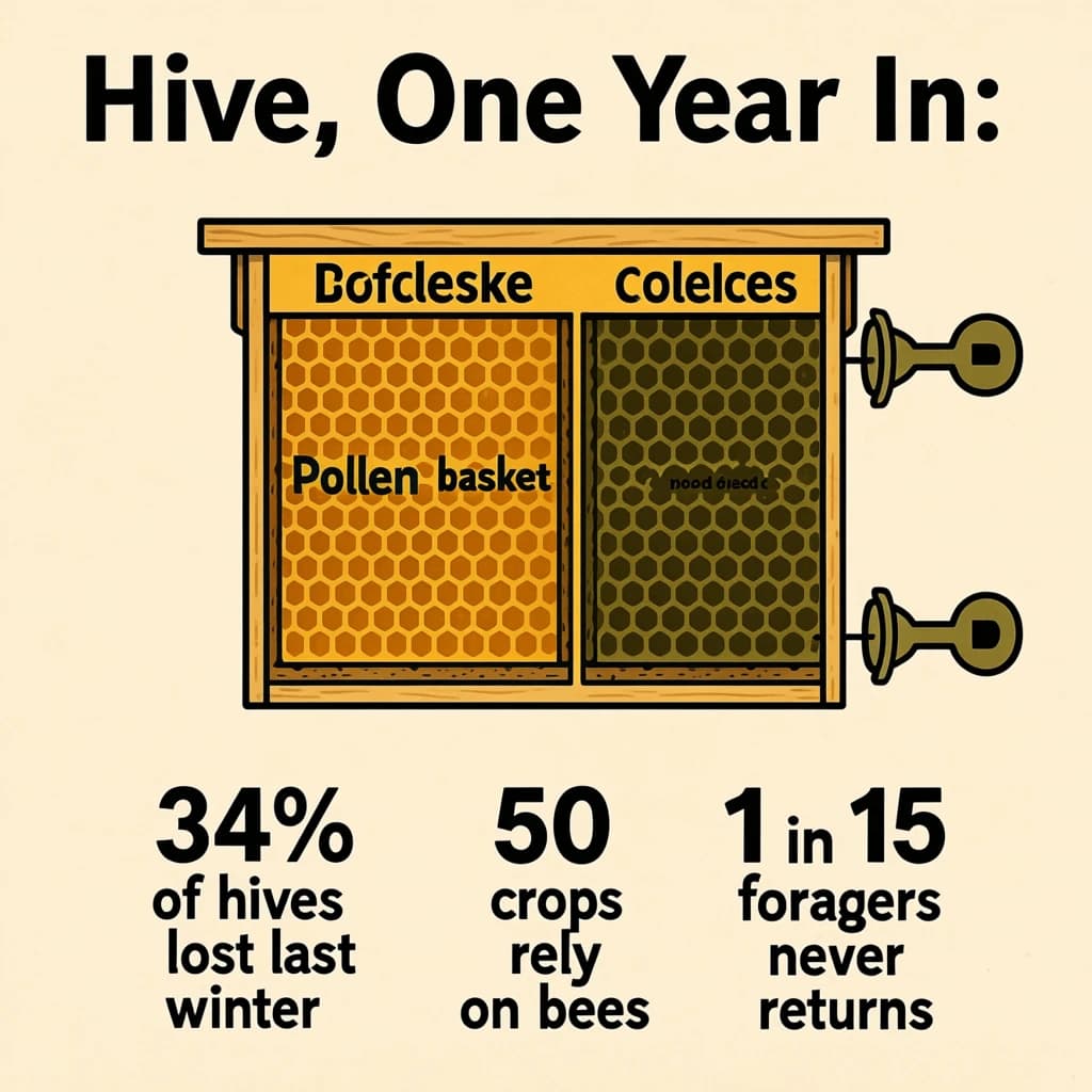 Printed poster titled "Hive, One Year In": at the center a cutaway of a hive frame, carrying two keyed regions, "Pollen basket" shaded amber and "Brood cells" shaded olive, beside a bottom row of three stat chips reading "34% of hives lost last winter", "50 crops rely on bees" and "1 in 15 foragers never returns".
