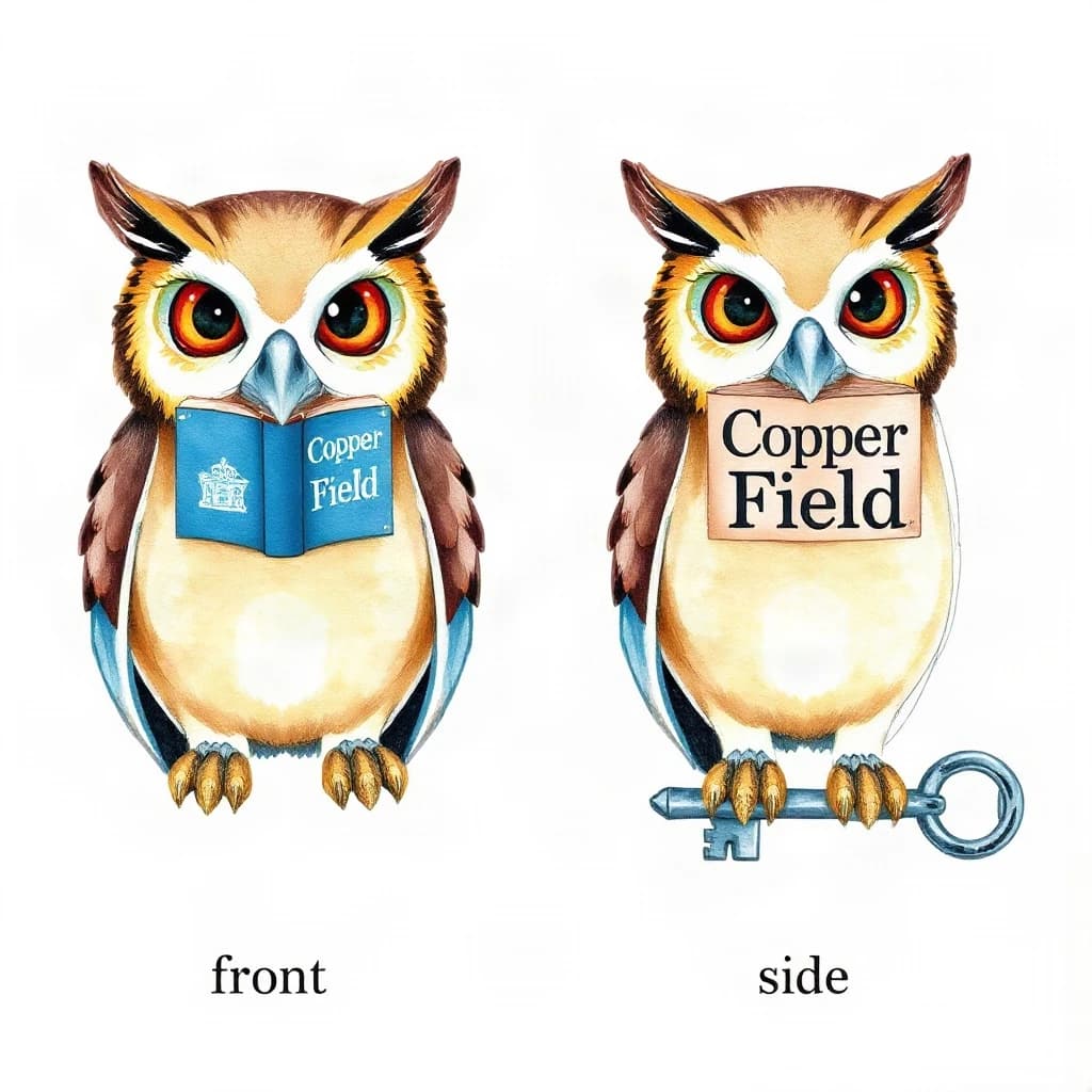 Watercolor of the same bookstore owl mascot drawn in two views, captioned "front" and "side", every view carrying the wordmark "Copper Field" with a key silhouette beside it in the same blue-and-silver coloring, only the angle changing.