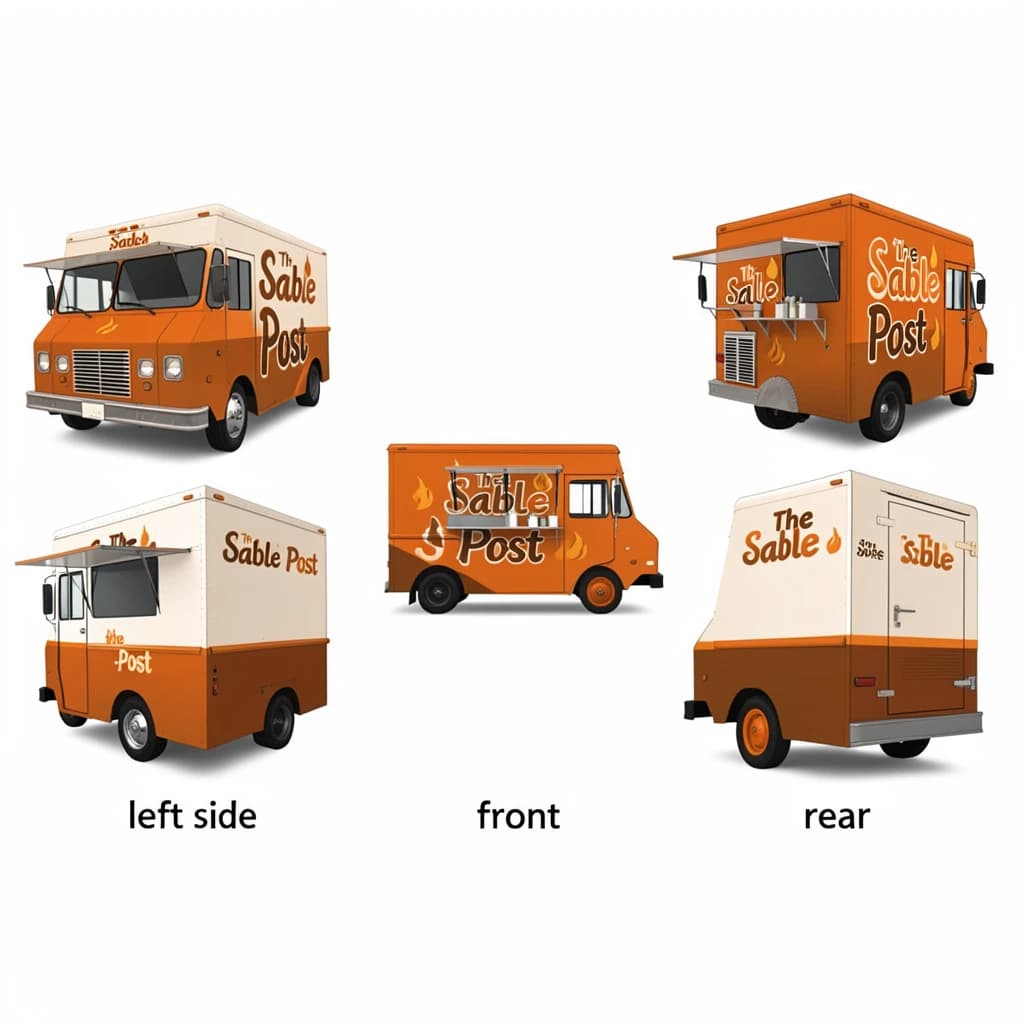 Printed poster: one food truck in three sides. The sides are captioned "left side", "front" and "rear" in that order. The wordmark "The Sable Post" appears on every side with a small flame icon beside it. The orange-and-brown coloring is the same across every side, and only the side changes.