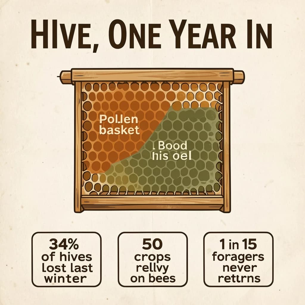 Printed poster titled "Hive, One Year In": at the center a cutaway of a hive frame, carrying two keyed regions, "Pollen basket" shaded amber and "Brood cells" shaded olive, beside a bottom row of three stat chips reading "34% of hives lost last winter", "50 crops rely on bees" and "1 in 15 foragers never returns".