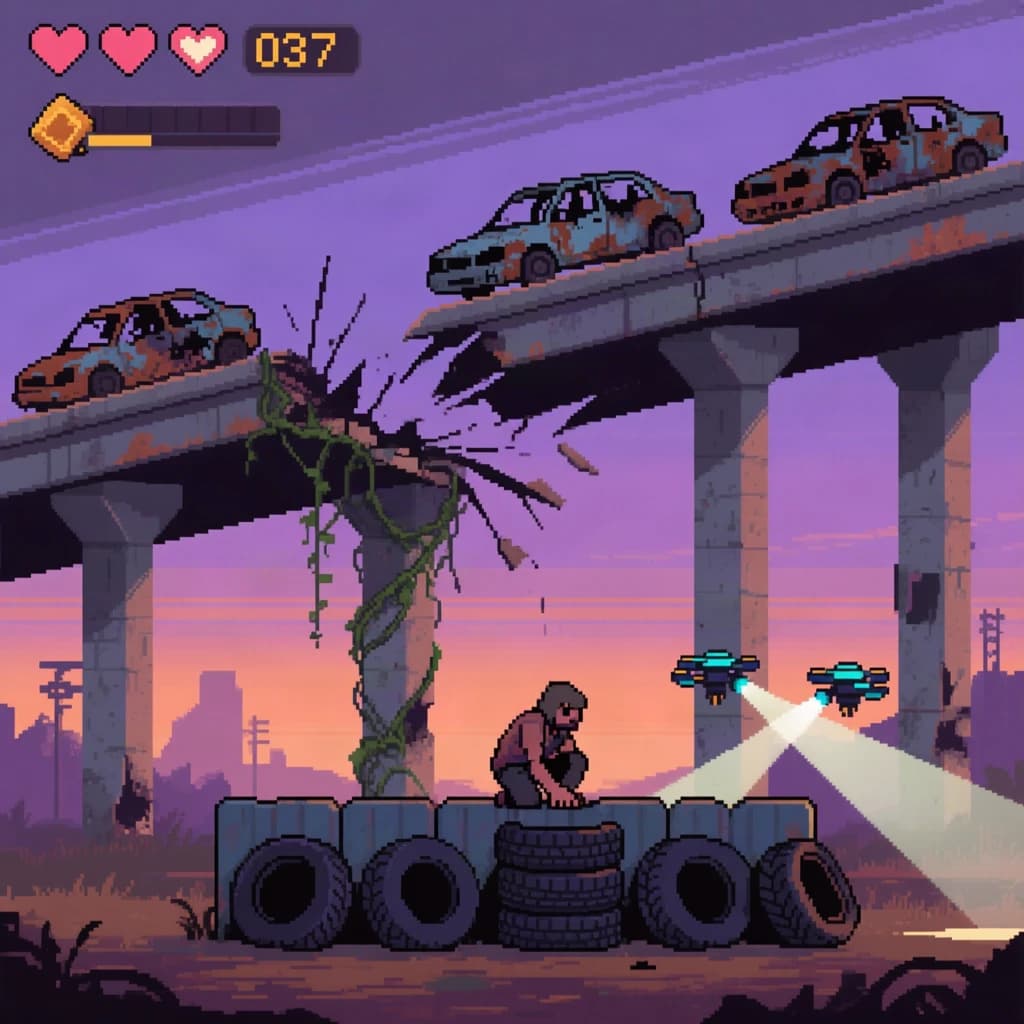 Side-scrolling pixel art screenshot from a post-apocalyptic survival platformer, dusk palette of rust and violet. A collapsed highway overpass cuts diagonally across the frame on four concrete support pillars, the second from the left snapped in half and wrapped in vines. On the deck above sit three burnt-out cars nose to tail, only the middle one still upright. Below, the player crouches behind a barricade of five stacked tires while two scavenger drones sweep flashlight cones in from the right. Top-left interface: three heart icons with the last half empty, a scrap counter reading "037", and a thin compass strip.