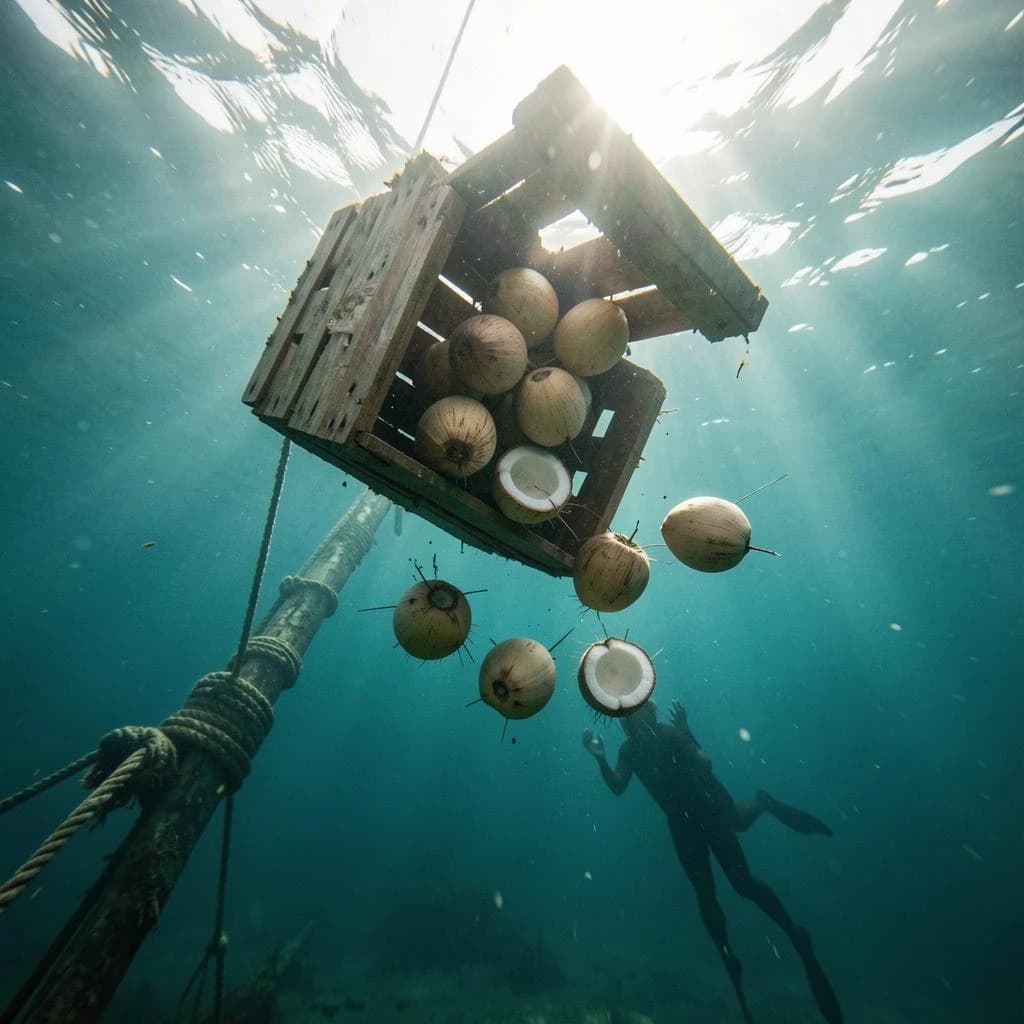 Underwater photography, film still from a castaway feature, shot from six metres down looking up toward the surface. A wooden crate has burst mid-sink: nine coconuts drift out of it, five still husked and pale brown, four split open and white, the split ones sinking faster than the whole ones. The crate hangs above them, lid half torn away, roped to a sunken mast that runs out of frame to the lower left. A swimmer silhouetted against the bright surface reaches down toward the nearest whole coconut, one fin missing. Blue green water column, sunbeams, drifting particles, natural light only.