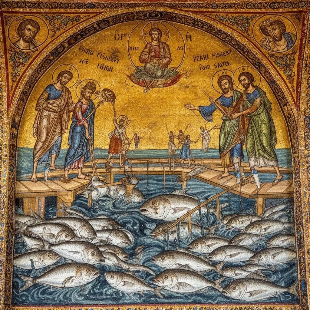 Pearl Fishery and Salter in Abuja, Nigeria in the style of byzantine