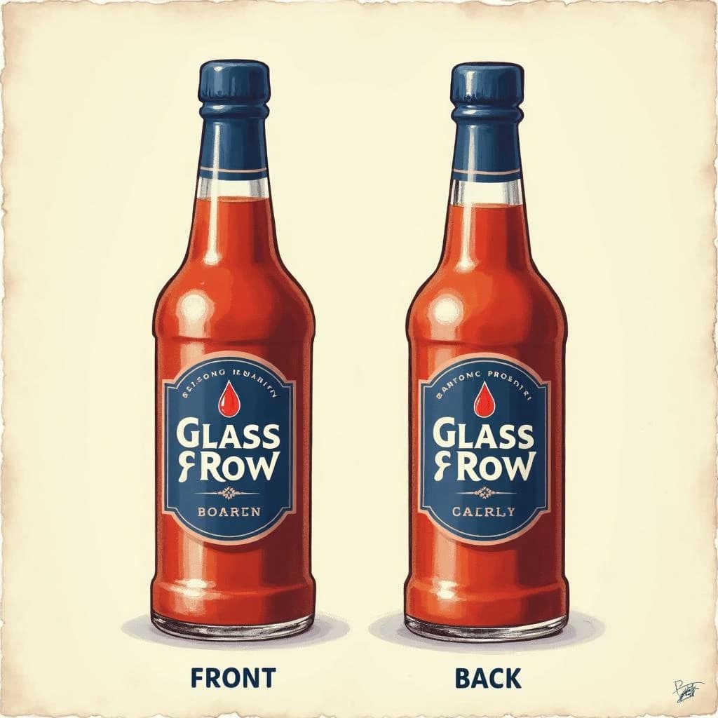 Printed poster of the same hot-sauce bottle drawn in two views, captioned "front" and "back", every view carrying the wordmark "Glass & Row" with a single droplet symbol beside it in the same blue-and-silver coloring, only the angle changing.
