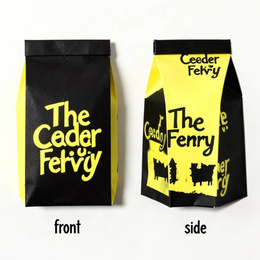 Cut-paper collage: one coffee bag in two views. The views are captioned "front" and "side" in that order. The wordmark "The Cedar Ferry" appears on every view. The black-and-yellow coloring is the same across every view, and only the angle changes.