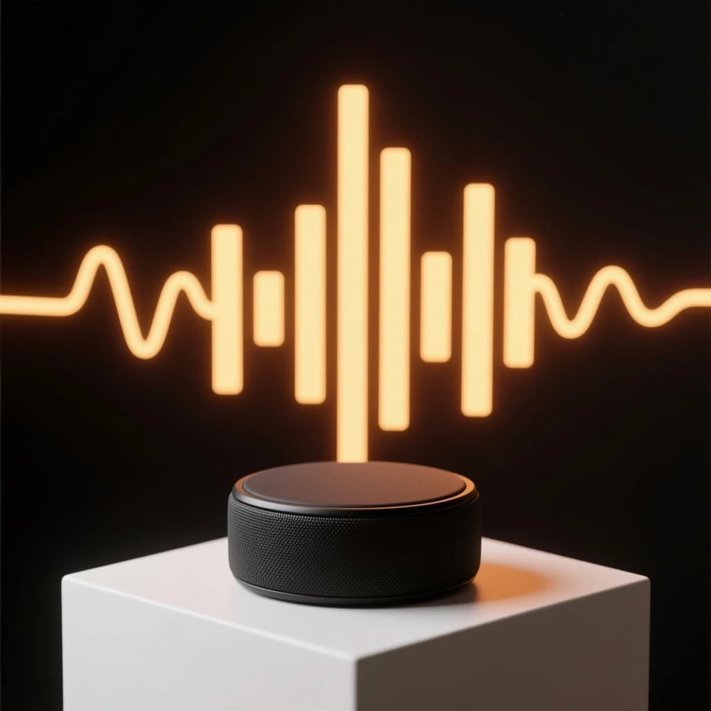 Cinematic 3D render of a matte black speaker puck on a white plinth, with a sound waveform behind it built from fourteen glowing amber bars in a gentle curve, the three tallest centred directly behind the puck and the bars shortening evenly toward both ends.