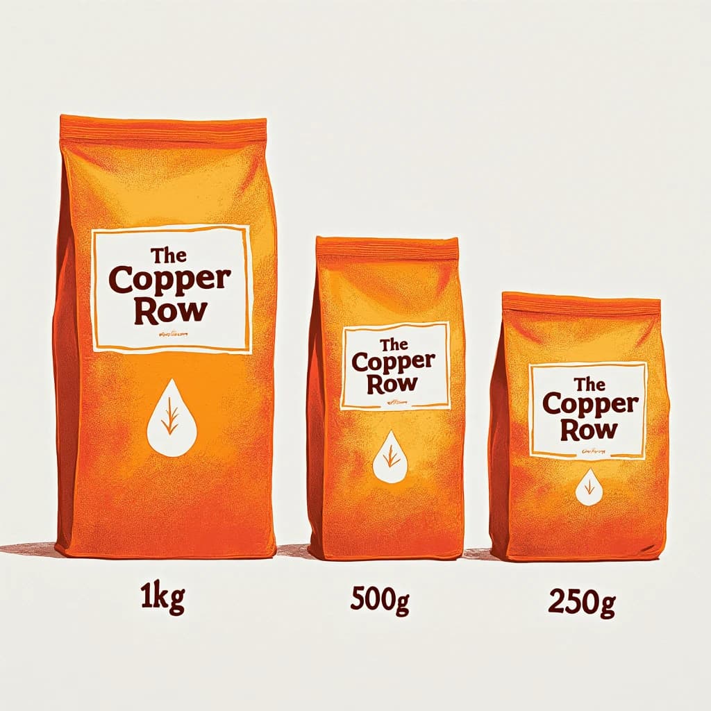Linocut print: one coffee bag in three sizes. The sizes are captioned "1kg", "500g" and "250g" in that order. The wordmark "The Copper Row" appears on every size with a single droplet symbol beside it. The orange-and-brown coloring is the same across every size, and only the bag size changes.