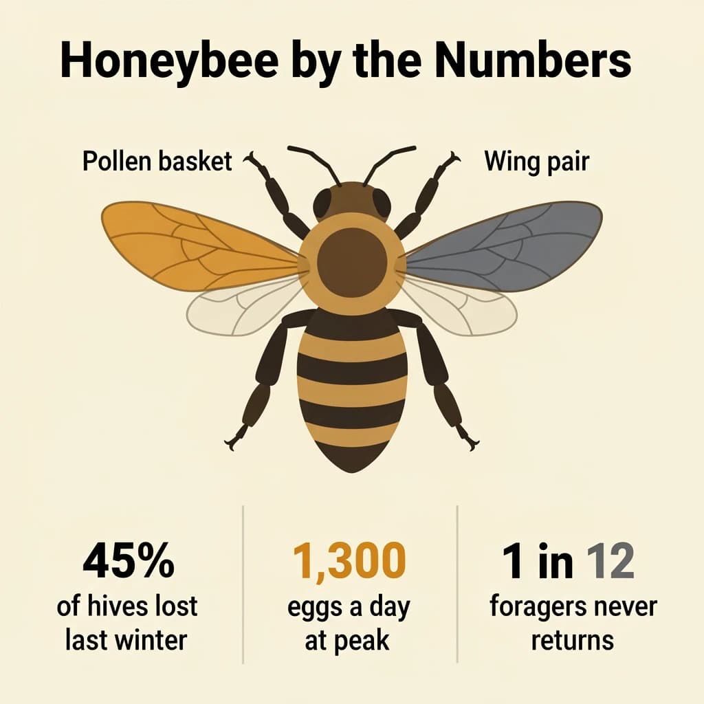 Flat vector illustration titled "Honeybee by the Numbers". A labeled bee diagram sits at the center, carrying two keyed regions, "Pollen basket" shaded amber and "Wing pair" shaded slate. Three stat chips run down a bottom row, reading "45% of hives lost last winter", "1,300 eggs a day at peak" and "1 in 12 foragers never returns". Each key color matches the shading of the region it names.