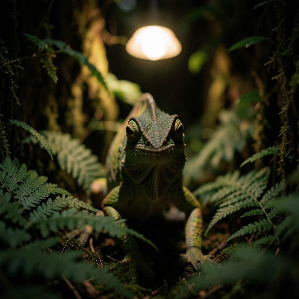 A chameleon half in shadow in a fern-filled ravine, under warm lamplight, symmetrical head-on framing, soft-focus portrait photography style.