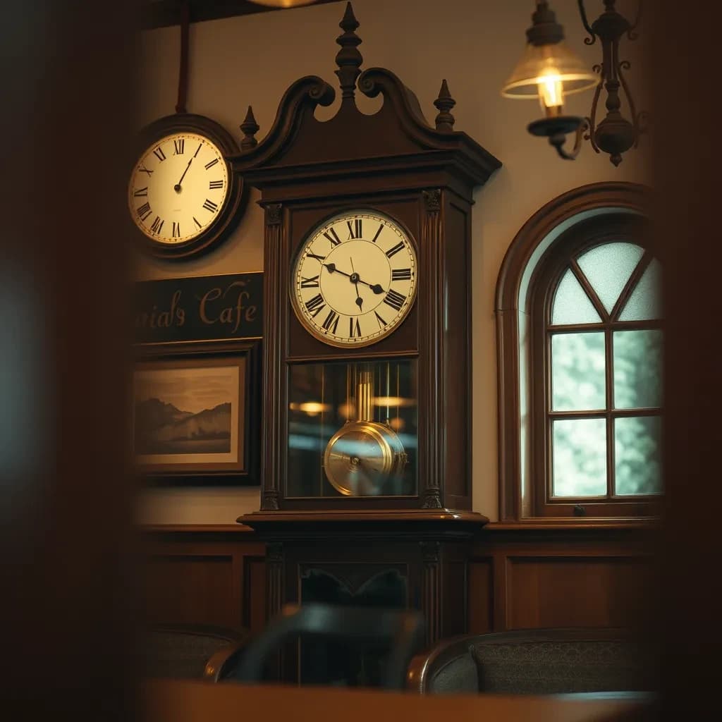 135mm f/1.8 close-up framing of a grandfather clock inside a cozy cafe, lit by bounced light, gentle vignetting, large-format look