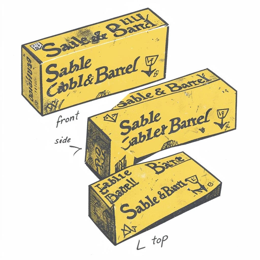 Linocut print: one board-game box in three views. The views are captioned "front", "side" and "top" in that order. The wordmark "Sable & Barrel" appears on every view with a small anchor mark beside it. The mustard-and-charcoal coloring is the same across every view, and only the angle changes.