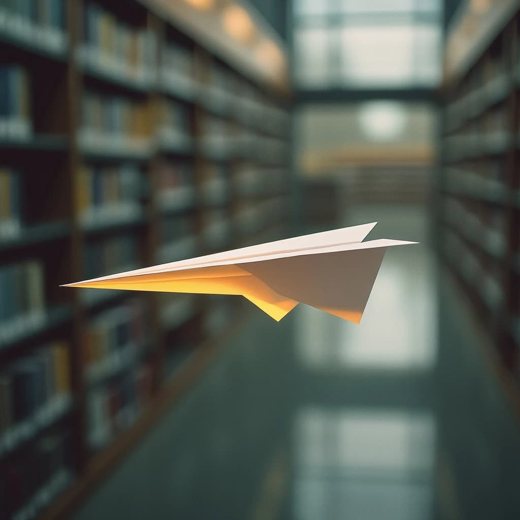 The quiet second when a paper airplane picks up a soft edge highlight, in a quiet library, after a light rain shower.