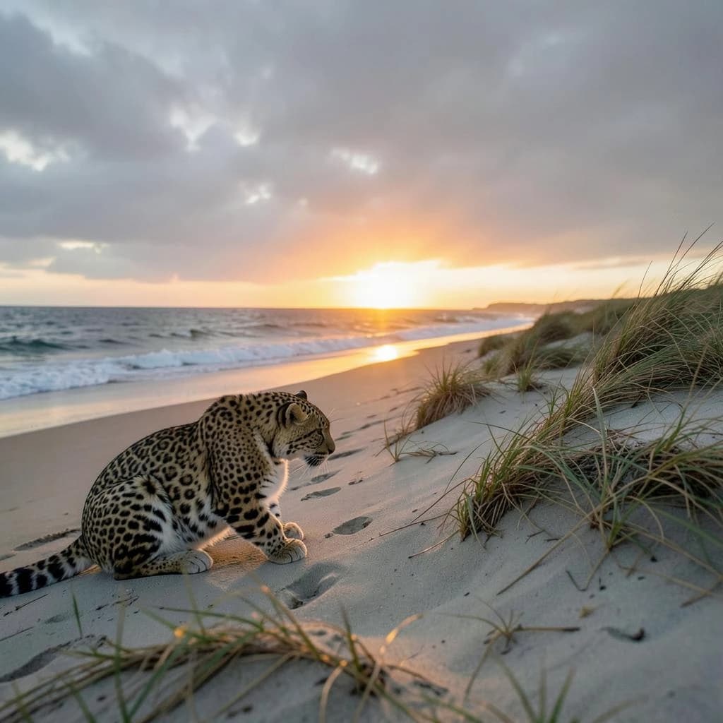 The pause when a snow leopard meets a low band of sun, on a windswept beach, under an overcast sky.