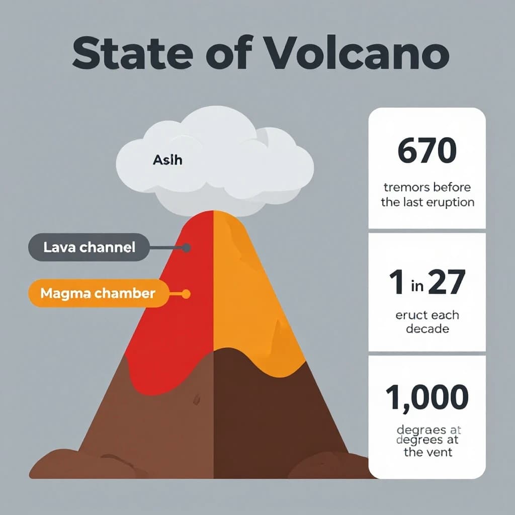 Flat vector illustration titled "State of Volcano": at the center a cutaway cone, carrying three keyed regions, "Lava channel" shaded red, "Ash cloud" shaded gray and "Magma chamber" shaded orange, beside a right column of three stat chips reading "670 tremors before the last eruption", "1 in 27 erupt each decade" and "1,000 degrees at the vent".