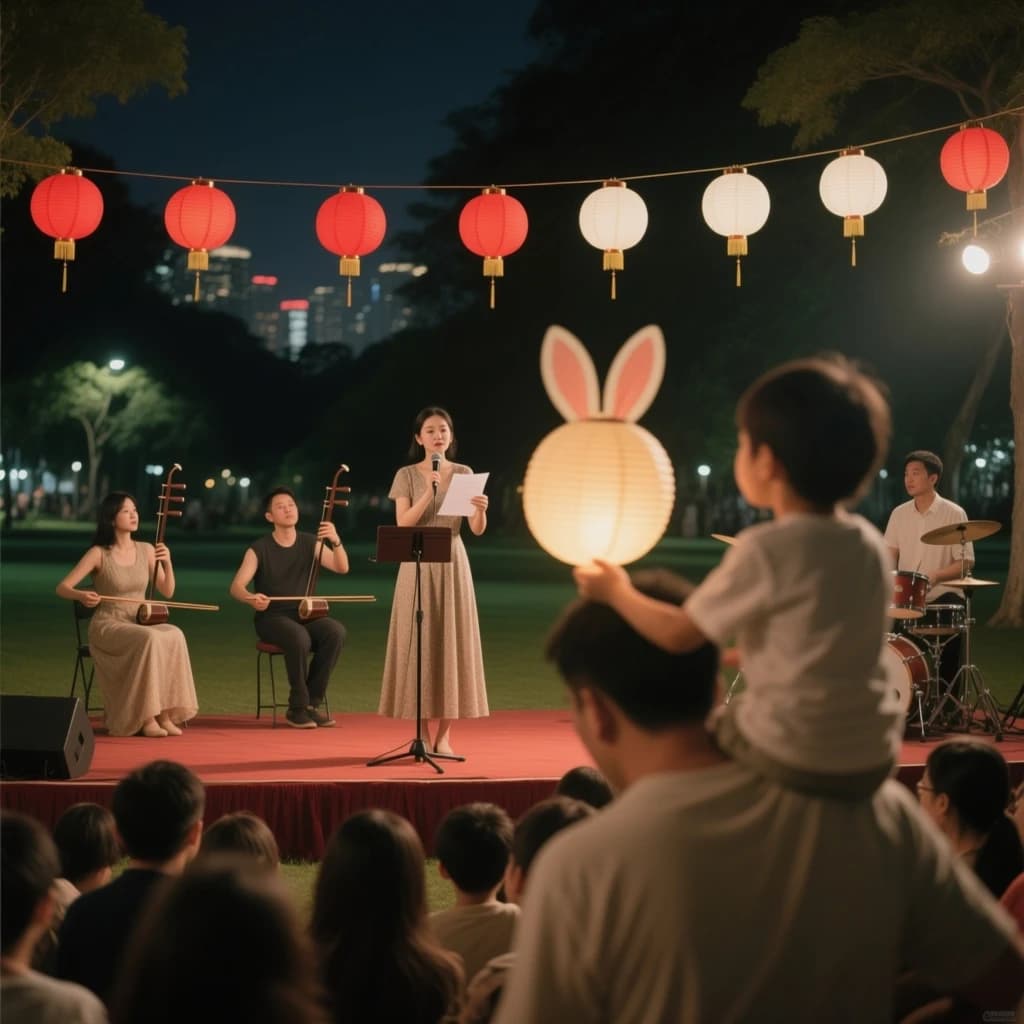 Concert photography, a Mid-Autumn Festival night in a Hong Kong park, shot from inside the crowd toward a low stage lit by warm floods. A singer at the centre microphone holds a note with both hands off the stand; on her left two erhu players sit side by side, on her right a single drummer stands. Eleven paper lanterns hang above the stage, the seven red ones strung in a line and the four white ones clustered at the right end. In the near foreground, out of focus, a child on a father's shoulders holds a rabbit lantern.