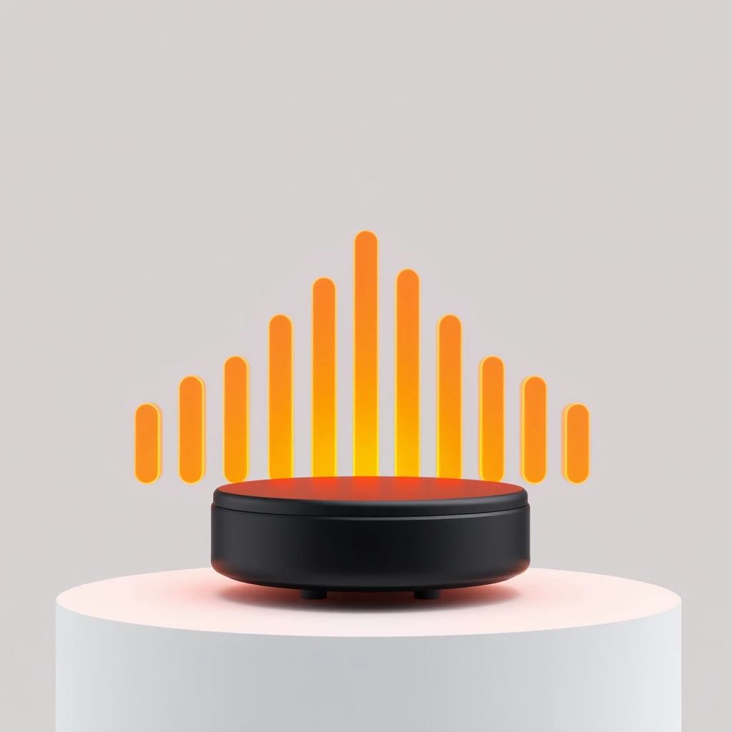 Cinematic 3D render of a matte black speaker puck on a white plinth, with a sound waveform behind it built from fourteen glowing amber bars in a gentle curve, the three tallest centred directly behind the puck and the bars shortening evenly toward both ends.