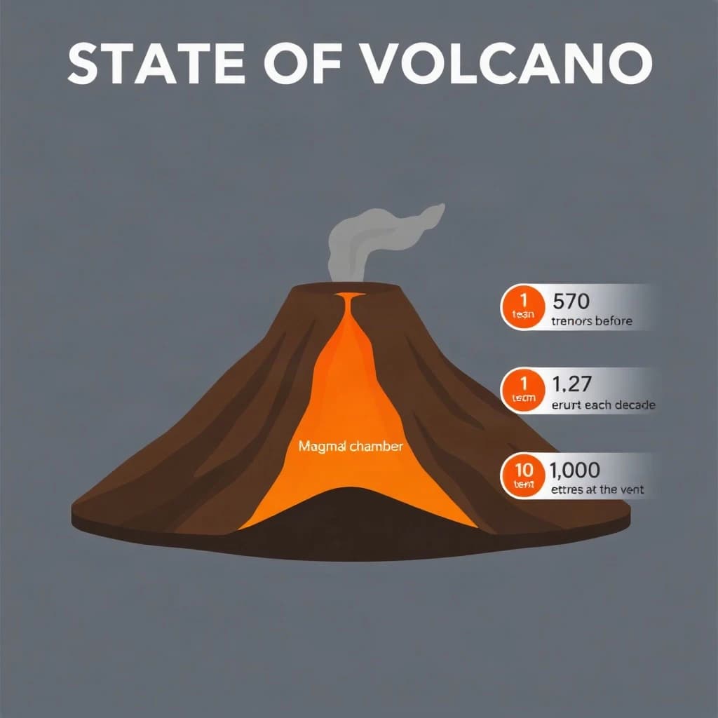 Flat vector illustration titled "State of Volcano": at the center a cutaway cone, carrying three keyed regions, "Lava channel" shaded red, "Ash cloud" shaded gray and "Magma chamber" shaded orange, beside a right column of three stat chips reading "670 tremors before the last eruption", "1 in 27 erupt each decade" and "1,000 degrees at the vent".