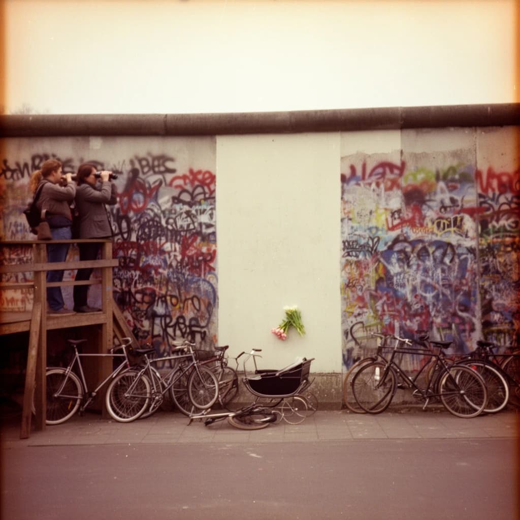 Shot on 1970s Kodachrome era color film, warm grain and slightly faded reds. A stretch of the Berlin Wall on a grey afternoon, covered in overlapping graffiti with one clean unpainted panel in the middle. Three people stand on a wooden viewing platform at the left, two of them looking over the top through binoculars while the third has turned back toward the camera with a cigarette. Four bicycles lean along the base of the wall, three upright and one fallen on its side. A pram is parked below the clean panel with a small bunch of tulips wedged into a crack above it. No cars in the frame.