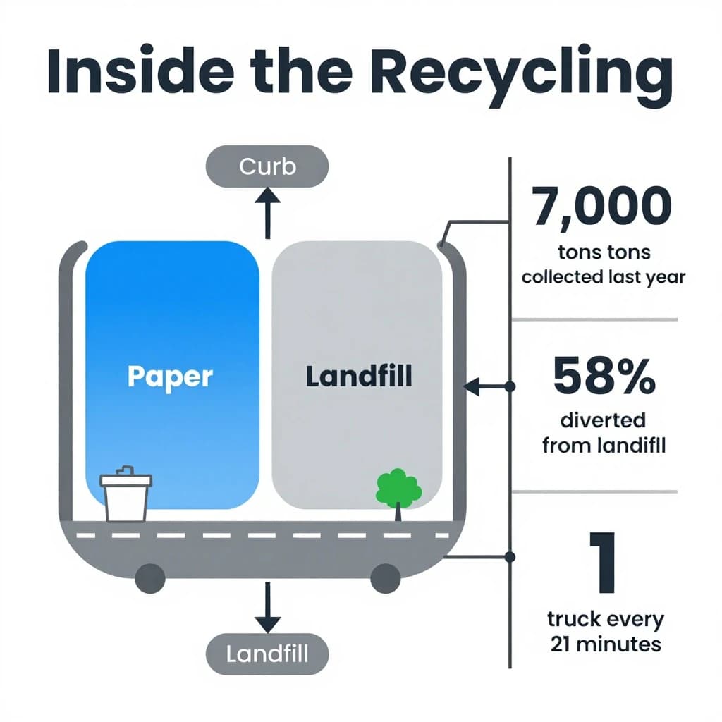 Flat infographic titled "Inside the Recycling": at the center a flow chart from curb to sorting floor, carrying two keyed regions, "Paper" shaded blue and "Landfill" shaded gray, beside a right column of three stat chips reading "7,000 tons collected last year", "58% diverted from landfill" and "1 truck every 21 minutes".