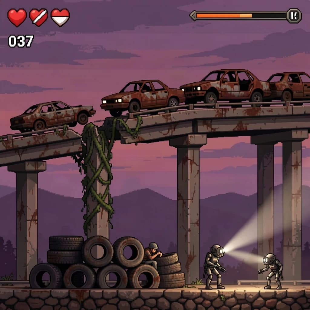 Side-scrolling pixel art screenshot from a post-apocalyptic survival platformer, dusk palette of rust and violet. A collapsed highway overpass cuts diagonally across the frame on four concrete support pillars, the second from the left snapped in half and wrapped in vines. On the deck above sit three burnt-out cars nose to tail, only the middle one still upright. Below, the player crouches behind a barricade of five stacked tires while two scavenger drones sweep flashlight cones in from the right. Top-left interface: three heart icons with the last half empty, a scrap counter reading "037", and a thin compass strip.