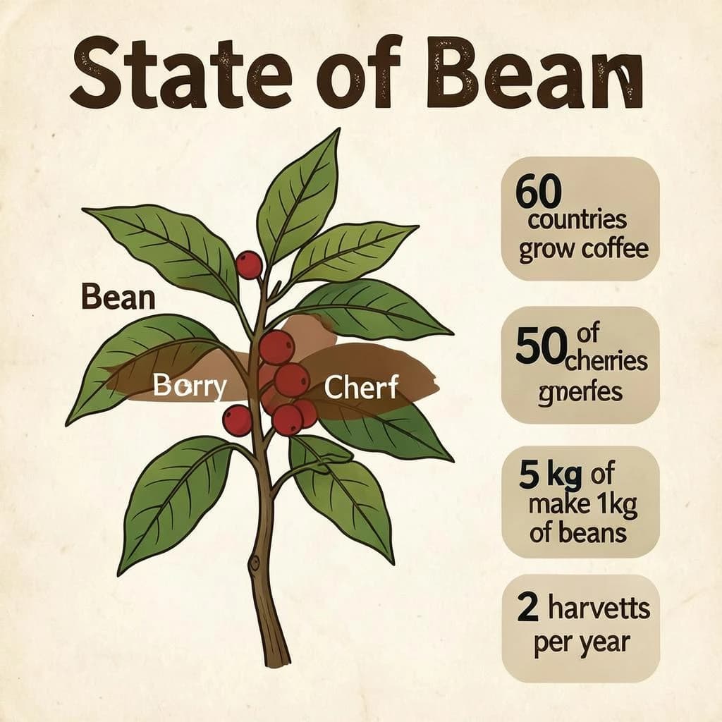 Printed poster titled "State of Bean": at the center a labeled coffee-plant diagram, carrying three keyed regions, "Bean" shaded brown, "Cherry" shaded red and "Leaf" shaded green, beside a right column of three stat chips reading "60 countries grow coffee", "5kg of cherries make 1kg of beans" and "2 harvests per year".