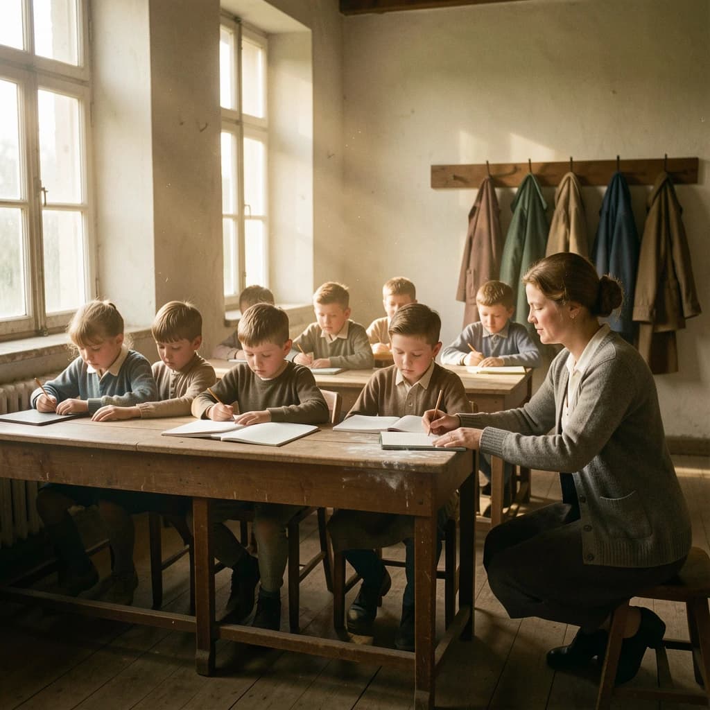 Documentary photograph inside a 1961 rural schoolhouse, late afternoon sun through tall windows. Twelve pupils at six shared wooden desks, two to a desk: the four in the window row copy from slates, the four in the middle row have open exercise books, the four along the back wall are turned around watching. The teacher, a woman in a grey cardigan with chalk dust on her sleeve, kneels beside the desk nearest the door, one hand steadying a boy's pencil. Four wall hooks behind her hold three coats, the middle hook bare. Warm dust in the light, fine grain, nobody posing.