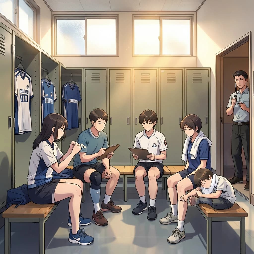 Modern anime interior for a high school volleyball series, wide view down a team locker room after practice. Eight lockers along the back wall in two banks of four, the three on the far left hanging open with jerseys spilling out and the rest shut. Four players occupy the foreground bench: the setter re-taping two fingers, the libero pulling on a knee sleeve, the captain reading a clipboard, and a first year asleep sitting upright with a towel over his face. A coach stands in the right doorway holding a whistle, half in shadow. Warm late-sun bars fall through high frosted windows, cel shading, clean bold linework.