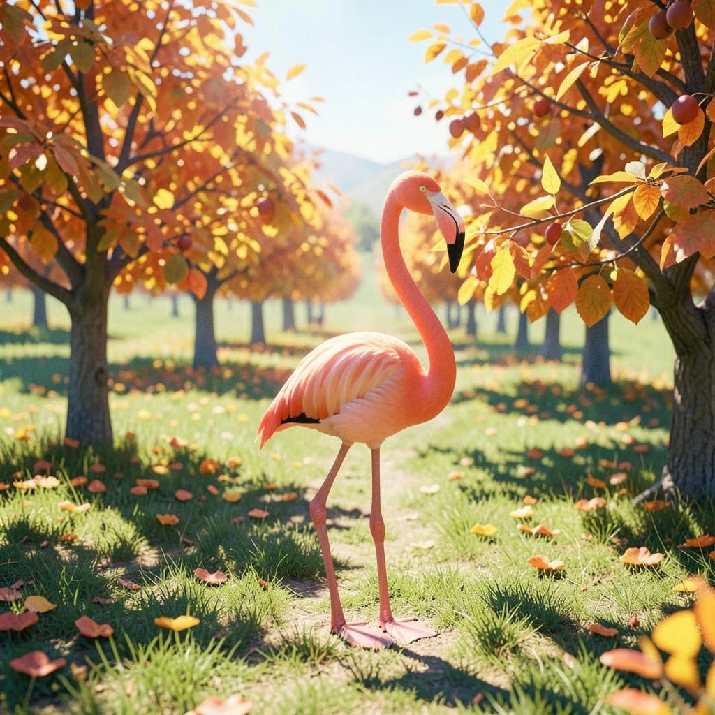 flamingo, autumn orchard, bright midday sun, telephoto compression, isometric 3D, subtle texture