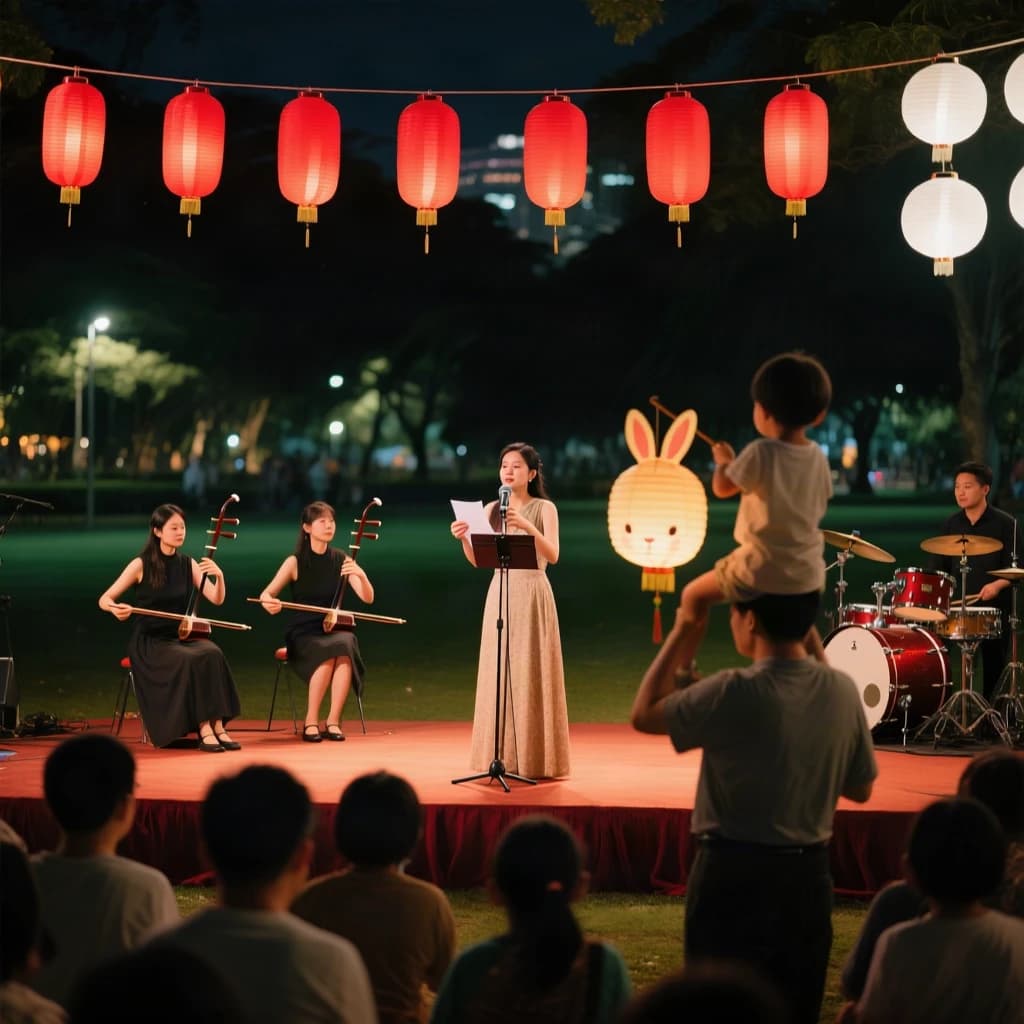 Concert photography, a Mid-Autumn Festival night in a Hong Kong park, shot from inside the crowd toward a low stage lit by warm floods. A singer at the centre microphone holds a note with both hands off the stand; on her left two erhu players sit side by side, on her right a single drummer stands. Eleven paper lanterns hang above the stage, the seven red ones strung in a line and the four white ones clustered at the right end. In the near foreground, out of focus, a child on a father's shoulders holds a rabbit lantern.