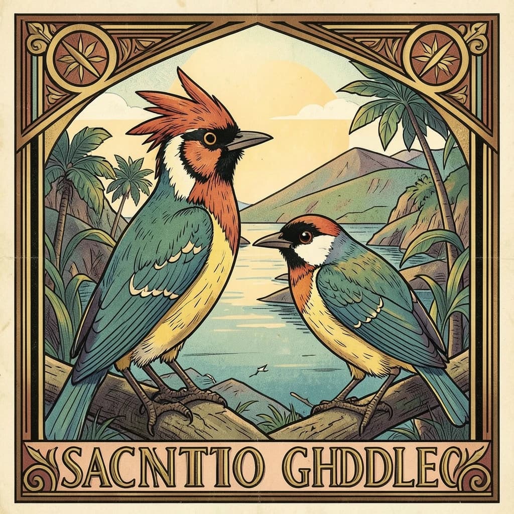 Crested Myna and Gudgeon in Santiago, Chile in the style of art deco