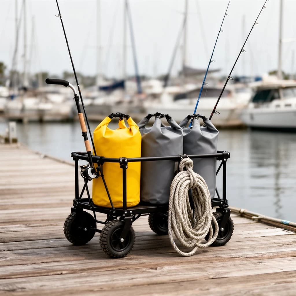 Lifestyle listing photo on a marina dock: a folding dock cart holding three dry bags, the largest yellow and the two smaller ones grey, two fishing rods leaning against the handle, and one coiled dock line hanging from the front rail. Masts blurred behind.