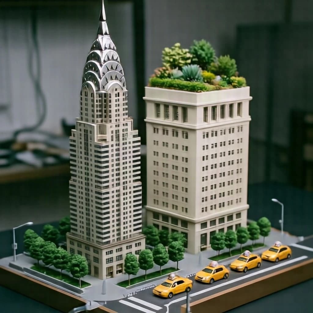 Tilt shift photograph of a hand built architectural scale model of a Midtown Manhattan block, studio lit from the upper left.
The Chrysler Building stands on the corner in polished silver card with its stepped crown and triangular windows. Directly across the street sits a proposed cream limestone tower, two floors shorter, topped by a stepped roof garden. Between them four smaller grey massing blocks in plain foam. Six tiny yellow cabs on the avenue, three stopped at the crossing and three queued behind, with a line of green model trees down the median.