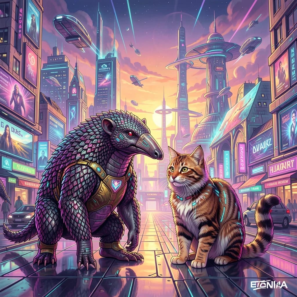 Scaly Anteater and Ringtail in Bucharest, Romania in the style of futurism