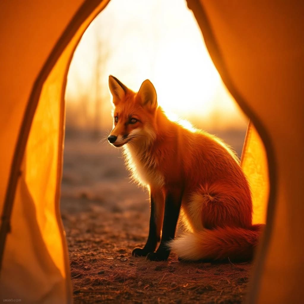 A red fox cast in a warm edge highlight inside a canvas tent, at golden hour, off-center framing with negative space, gouache style.