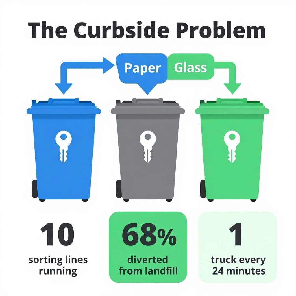 Flat vector illustration titled "The Curbside Problem". Three sorting bins with arrows to their destinations sits at the center, carrying two keyed regions, "Paper" shaded blue and "Glass" shaded green. Three stat chips run down a bottom row, reading "10 sorting lines running", "68% diverted from landfill" and "1 truck every 24 minutes". Each key color matches the shading of the region it names.