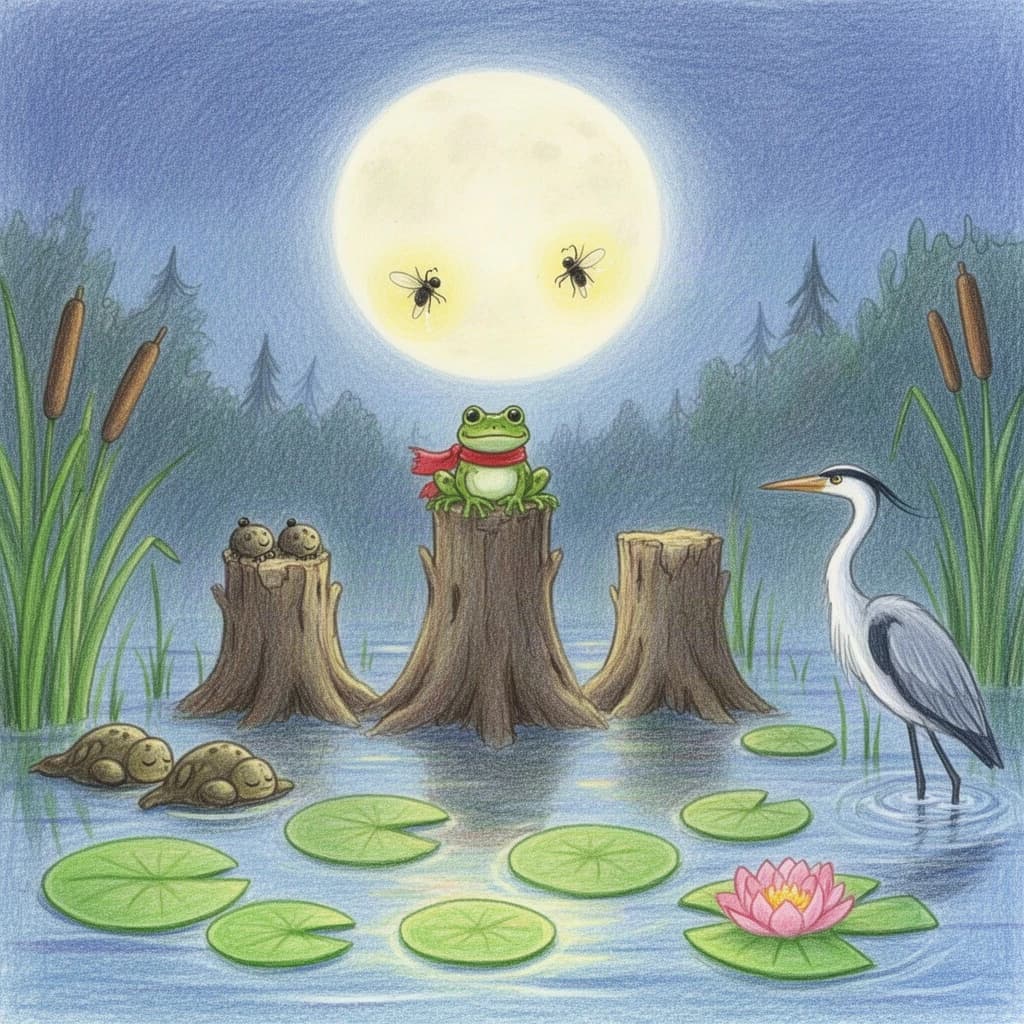 Story card in soft children's book illustration with crayon texture. A moonlit swamp with three cypress stumps in a row across the water. A small green frog in a red scarf sits on the middle stump. Two fireflies circle above his head while four more sit sleeping on the reeds to the left. A heron stands knee deep at the right edge, looking away from the frog. Nine lily pads float across the foreground, only one of them carrying a flower.