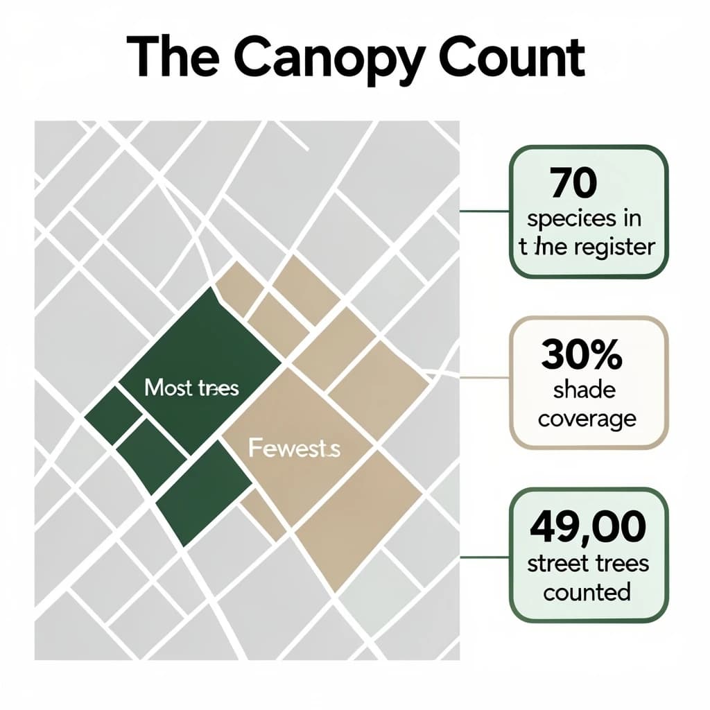 Flat infographic titled "The Canopy Count": at the center a simplified street map with shaded districts, carrying two keyed regions, "Most trees" shaded dark green and "Fewest trees" shaded tan, beside a right column of three stat chips reading "70 species in the register", "30% shade coverage" and "49,000 street trees counted".