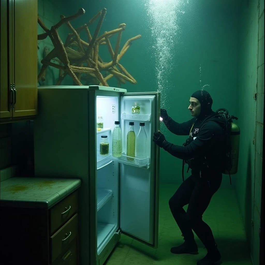 Underwater photograph inside a flooded apartment kitchen, silt green water, one window's worth of light from above. The refrigerator stands with its door swung open; three plastic bottles drift upward out of it, one still capped and two open and trailing bubbles, while a jar of pickles stays wedged on the middle shelf. A diver in a black wetsuit hovers to the right of the door, one hand on the top hinge, the other aiming a torch into the empty vegetable drawer. Two wooden chairs float against the ceiling above her, a third lies on its side on the tiles. Suspended particles, cold contrast, slow shutter softness.