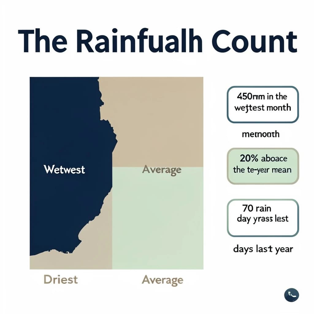 Printed poster titled "The Rainfall Count": at the center a twelve-month rainfall timeline, carrying three keyed regions, "Wettest" shaded dark blue, "Driest" shaded sand and "Average" shaded pale green, beside a right column of three stat chips reading "450mm in the wettest month", "20% above the ten-year mean" and "70 rain days last year".