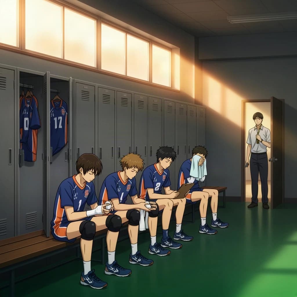 Modern anime interior for a high school volleyball series, wide view down a team locker room after practice. Eight lockers along the back wall in two banks of four, the three on the far left hanging open with jerseys spilling out and the rest shut. Four players occupy the foreground bench: the setter re-taping two fingers, the libero pulling on a knee sleeve, the captain reading a clipboard, and a first year asleep sitting upright with a towel over his face. A coach stands in the right doorway holding a whistle, half in shadow. Warm late-sun bars fall through high frosted windows, cel shading, clean bold linework.