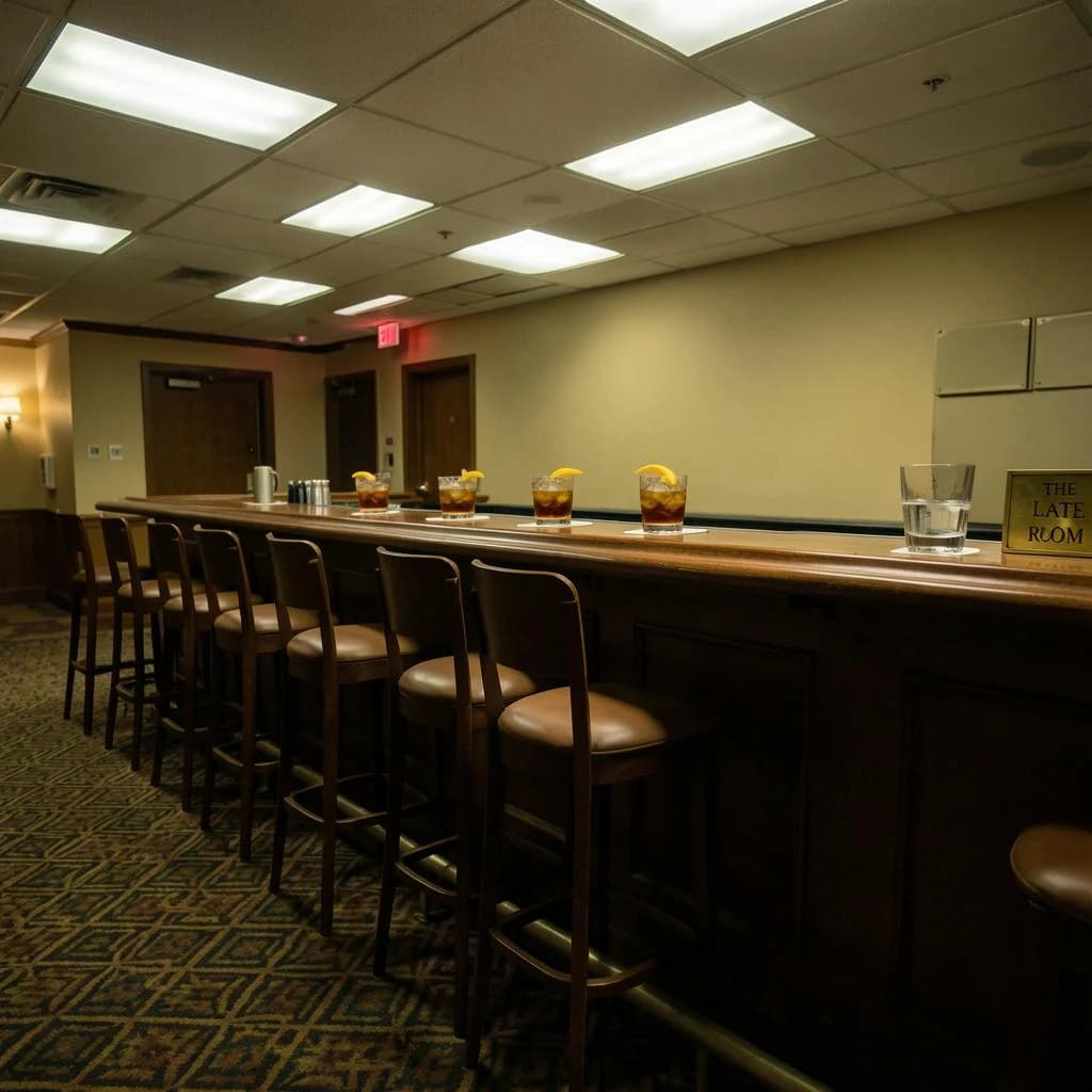 Liminal space photograph of a hotel bar at four in the morning, humming fluorescent ceiling panels, patterned carpet running off frame, nobody in sight. Eleven identical barstools stand in one unbroken row along the counter, only the fifth pulled out and turned. Three finished old fashioneds sit spaced along the bar, each down to melted ice and a single orange peel, and a fourth glass, freshly poured and still clear, waits at the far end beside a small brass sign reading "THE LATE ROOM".