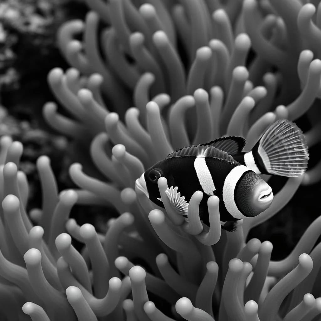 Greenling and Clown Anemone Fish in Bucharest, Romania in the style of black and white
