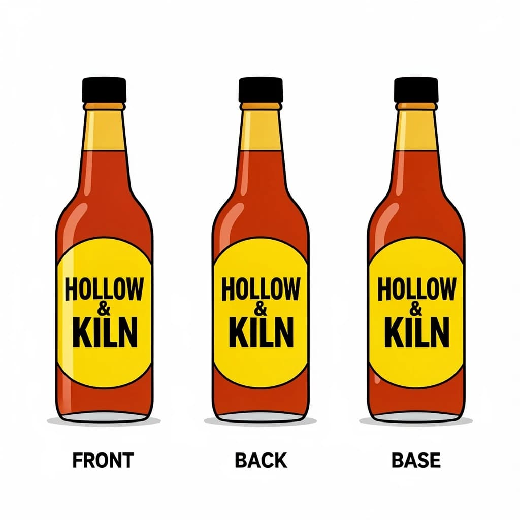 Flat vector illustration of the same hot-sauce bottle drawn in three views, captioned "front", "back" and "base", every view carrying the wordmark "Hollow & Kiln" in the same black-and-yellow coloring, only the angle changing.