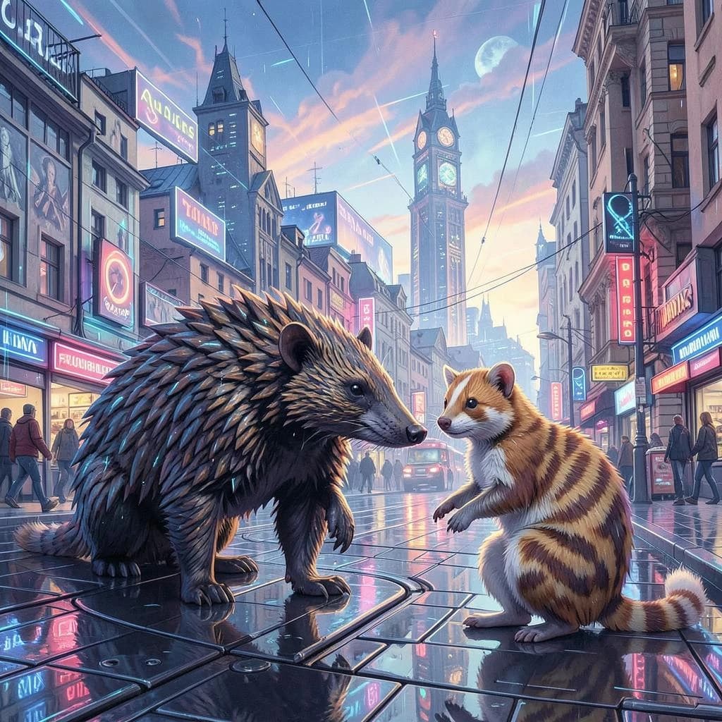 Scaly Anteater and Ringtail in Bucharest, Romania in the style of futurism