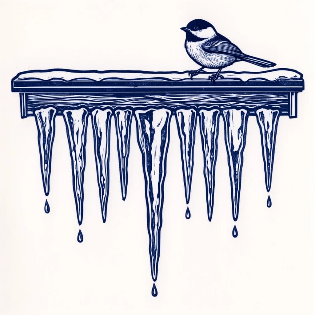 Linocut print in a single blue ink: nine icicles hanging from a cabin gutter, the longest in the middle tapering down to the shortest at each end, three of them dripping, and a chickadee perched on the gutter directly above the second icicle from the left.